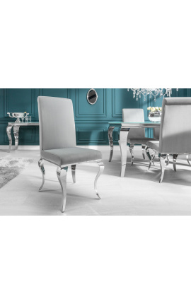 Σετ 2 μοντέρνες καρέκλες μπαρόκ, ίσια πλάτη, γκρι και χρωμιωμένο ατσάλι