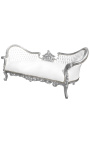 Canapé baroque Napoléon III médaillon tissu simili cuir blanc et bois argent