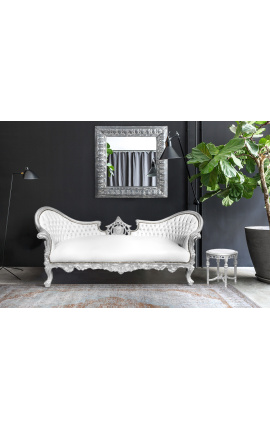 Baroque Napoleon III style sofa white leatherette and silver wood