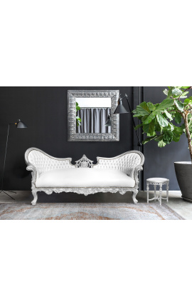 Sofa w stylu barokowym Napoleona III, biała ekoskóra i srebrne drewno