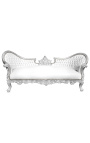 Canapé baroque Napoléon III médaillon tissu simili cuir blanc et bois argent