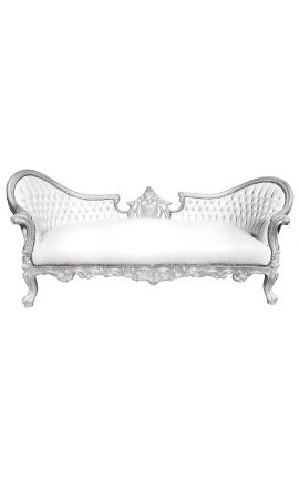 Barockes Sofa im Napoleon-III-Stil, weißes Kunstleder und silbernes Holz