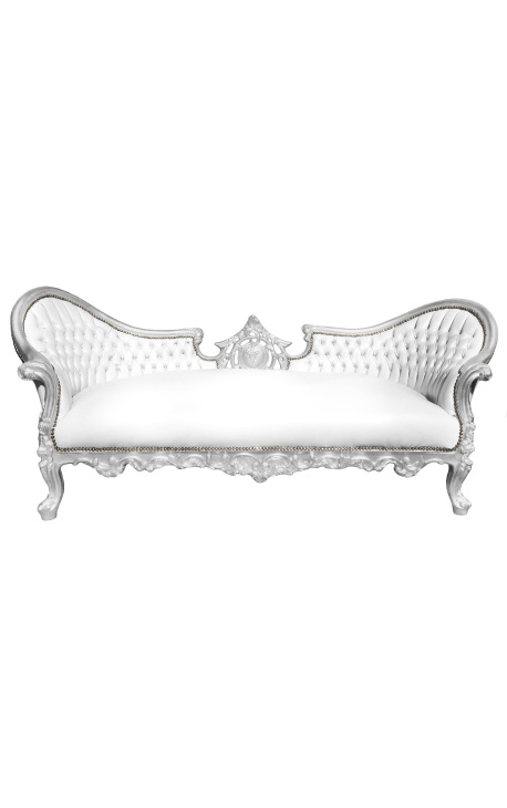 Barok Napoleon III-stil sofa hvid kunstlæder og sølv træ