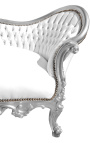 Canapé baroque Napoléon III médaillon tissu simili cuir blanc et bois argent