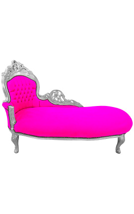 Grande chaise longue barocco tessuto rosa fucsia e legno argento