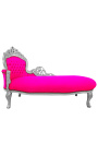 Grande chaise longue barocco tessuto rosa fucsia e legno argento