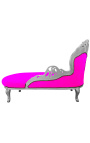 Grande chaise longue barroca em tecido rosa fúcsia e madeira prateada