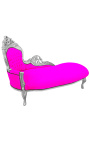 Grande chaise longue barocco tessuto rosa fucsia e legno argento