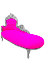 Grande chaise longue barroca em tecido rosa fúcsia e madeira prateada