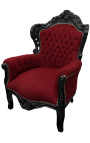 Grote barok fluwelen fauteuil bordeauxrood en zwart gelakt hout