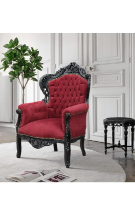 Velik baročni žametni fotelj bordo in črno lakiran les