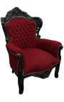 Duży fotel w stylu barokowym z aksamitu w kolorze bordowym i czarnym lakierowanym drewnie