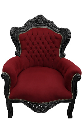Large baroque velvet armchair burgundy and black lacquered wood