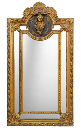 Grand miroir à parcloses de style Louis XVI doré profil feminin