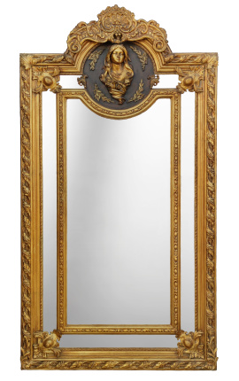 Liels, zeltīts Luija XVI stila stiklojuma spogulis, sievietes profils