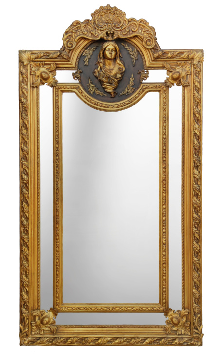 Grand miroir à parcloses de style Louis XVI doré profil feminin