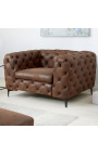 Armstoel "Rhea" design Art Deco Chesterfield in chocolade suede weefsel