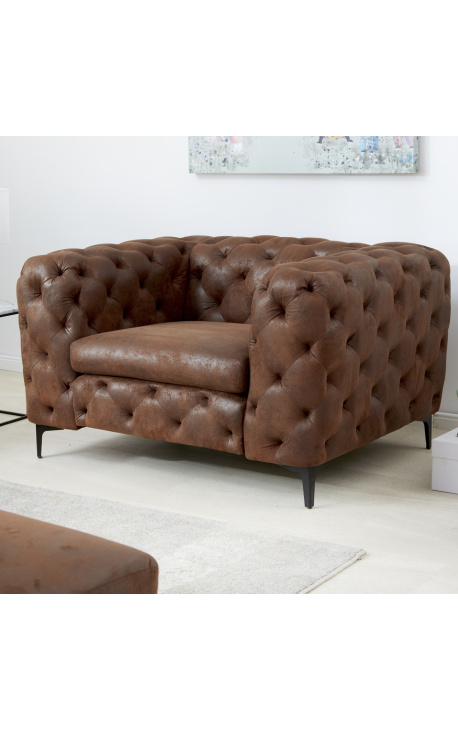 Armstoel "Rhea" design Art Deco Chesterfield in chocolade suede weefsel