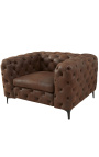 Armstoel "Rhea" design Art Deco Chesterfield in chocolade suede weefsel