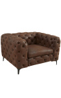 Armstoel "Rhea" design Art Deco Chesterfield in chocolade suede weefsel