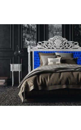Baroque bed headboard blue velvet fabric and silver wood