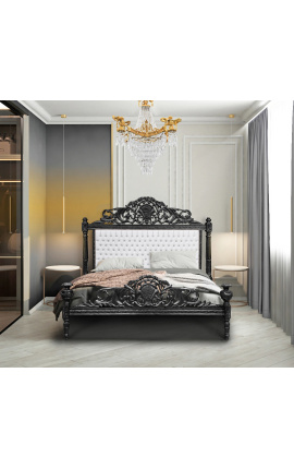 Tesatura de pat baroc din piele alb cu strasuri si lemn lacuit negru