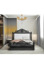 Lit Baroque tissu simili cuir blanc avec strass et bois noir