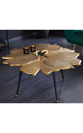 Tavolino "Foglie di ginkgo" in metallo color ottone lungo 95 cm
