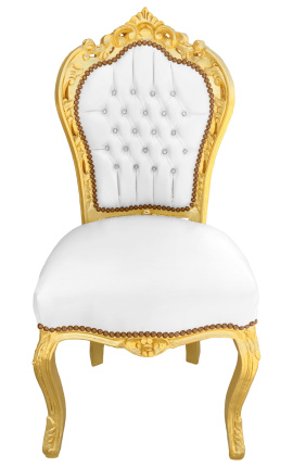 Cadeira de estilo barroco rococó imitação de couro branco com strass e madeira dourada