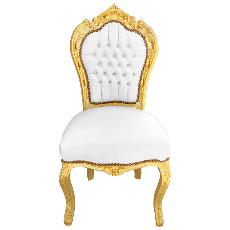 Baroque style rococo chair white leatherette, rhinestones, gold wood