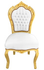 Krzesło w stylu barokowym w stylu rokoko, biała ekoskóra z kryształkami i złotym drewnem