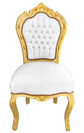 Chaise de style Baroque Rococo simili cuir blanc avec strass et bois doré