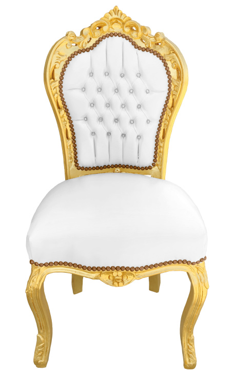 Silla barroca rococo estilo piel blanca con piedras preciosas y madera de oro