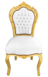 Cadeira de estilo barroco rococó imitação de couro branco com strass e madeira dourada