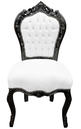 Chaise de style Baroque Rococo tissu simili cuir blanc et bois laqué noir