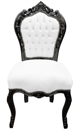 Cadira d'estil barroc rococó en teixit d'imitació de pell blanca i fusta lacada en negre