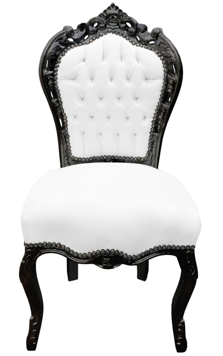 Chaise de style Baroque Rococo tissu simili cuir blanc et bois laqué noir