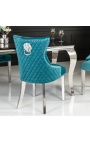 Set of 2 modern baroque chairs, diamond backrest, turquoise and chromed steel