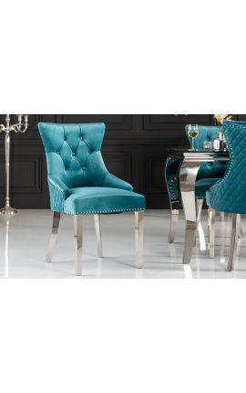 Set de 2 chaises baroque moderne, dossier à losanges, turquoise et acier chromé