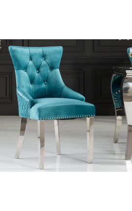 Set de 2 chaises baroque moderne, dossier à losanges, turquoise et acier chromé