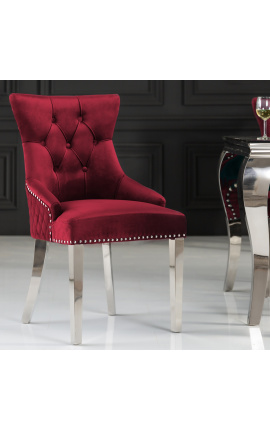 Set di 2 sedie barocche moderne, schienale diamantato, bordeaux e acciaio cromato