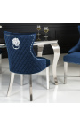 Set of 2 modern baroque chairs, diamond backrest, navy blue and chromed steel