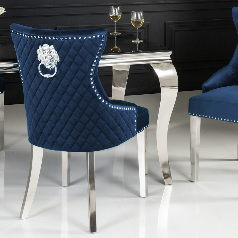Orthodox aftrekken Stevig Set van 2 moderne barok stoelen, diamant rugleuning, marineblauw en  verchroomd staal