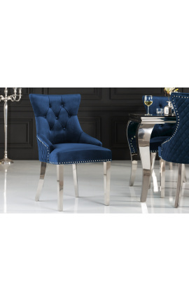 Set di 2 sedie barocche moderne, schienale diamantato, blu navy e acciaio cromato