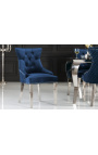 Conjunto de 2 cadeiras barrocas modernas, encosto diamante, azul marinho e aço cromado