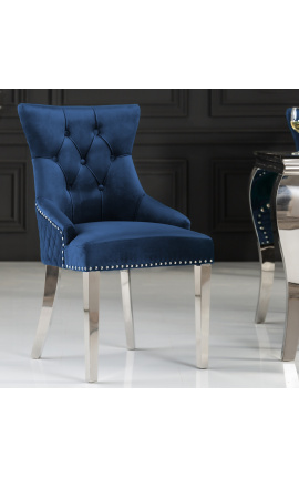 Komplet 2 modernih baročnih stolov, diamantno naslonjalo, mornarsko modra in kromirano jeklo