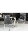 Set of 2 modern baroque chairs, diamond backrest, gray and chromed steel