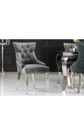 Komplet 2 modernih baročnih stolov, diamantno naslonjalo, sivo in kromirano jeklo