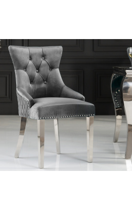 Zestaw 2 nowoczesnych krzeseł w stylu barokowym, oparcie w kształcie rombu, stal szara i chromowana