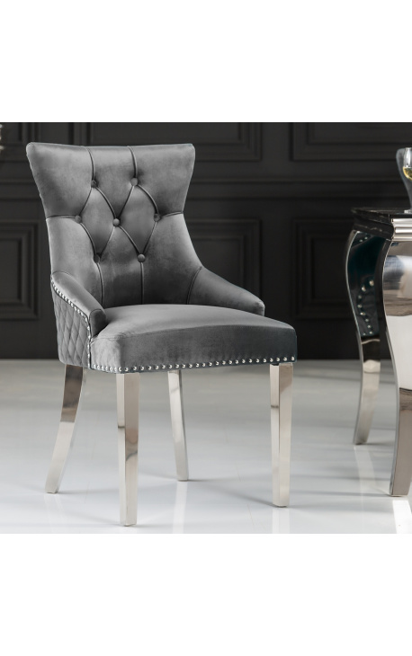 Komplet 2 modernih baročnih stolov, diamantno naslonjalo, sivo in kromirano jeklo